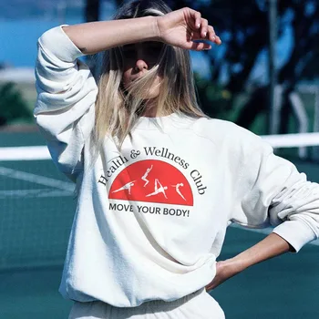 2023 Есенен здравен уелнес клуб Американски реколта стил печат бели суитчъри жени дълъг ръкав памук Crewneck пуловери