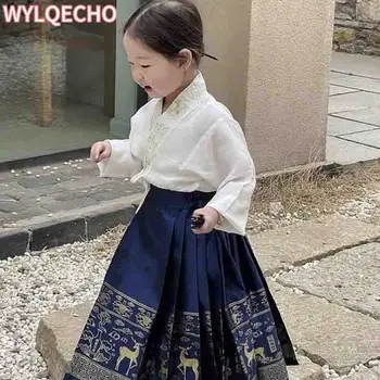 2023 НОВО Лятна китайска ханфу рокля за момичета Традиционна бродерия Пола с конско лице за деца Принцеса Ханбок Дрес