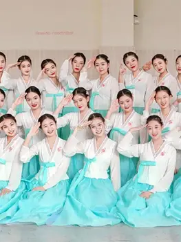 2024 корейски традиционен танцов костюм ханбок елегантно национално танцово облекло фолклорна сцена танцово изпълнение реколта рокля от шифон