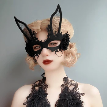 2024 Черна дантела маска Елегантни жени маскарад Facewear за Хелоуин Великденско парти Абитуриентска маска Заешки уши Творчески парти маски