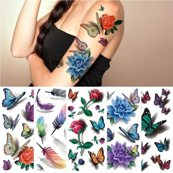 3D Роза пеперуда скорпион татуировка цветя акварел секси временни татуировки стикери за жени момичета изкуство фалшив татуировка водоустойчив