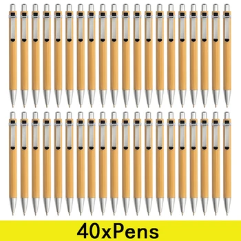 40Pcs Бамбукова прибираща се химикалка Черно мастило 1mm Устойчиви писалки за писане на дневник Офис консумативи