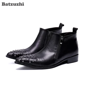 Batzuzhi глезена кожа мъжки ботуши с нитове модни ботуши мъже посочи пръсти бизнес кожа botas hombre, големи размери US6-US12