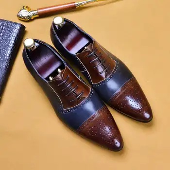 Brogue обувки мъжки обувки PU цвят съвпадение мода бизнес случайни личност посочи пръсти кухи дантела нагоре Оксфорд рокля обувки CP115