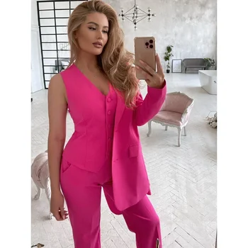 Chic Rose Solid Woman Suits 3 Piece Fashion Notch Lapel Single Breasted Wear Basics Xshape Formal Casual Office Lady Pants Sets