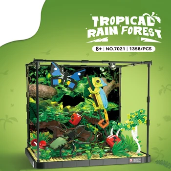 Creative Micro-Landscape MOC Build Block Animal Tropical Rainforest Model Brick Chameleon Butterfly Stag Beetle Toy With Light