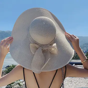 Holiday Big Eaves Travel Seaside Wide Brim Beach UPF50+ Сгъваема шапка за навиване на слънце Сламена шапка Дамски шапки за слънце