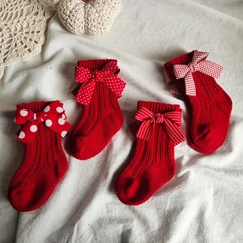 Instagram Бебе Коледа Нова година вълнени чорапи бебе 100 дни стар испански лък червени чорапи за деца