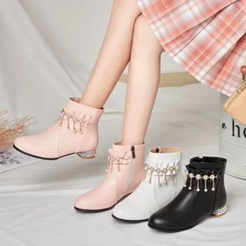 JK Cosplay момиче Lolita обувки Kawaii дамски глезена ботуши висулка кристал перла страна цип нисък ток шорти ботас розово