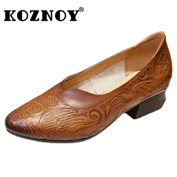 Koznoy 4Cm крава естествена кожа етнически Moccains удобен елегантност лято дизайнерски сандали жените приплъзване на модни апартаменти елегантни обувки