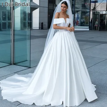 Off рамо сатенена сватбена рокля елегантна класическа булчинска рокля по поръчка