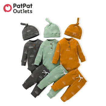PatPat 3-парче есенно бебе новородено бебе момче дрехи 95% памук дълъг ръкав бутон дизайн гащеризон еластични панталони капачка комплект