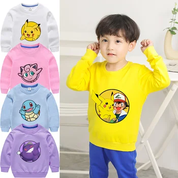 Pokemon Pikachu деца тънки качулки аниме дълъг ръкав дрехи печат пуловер облекло есенни топли върхове сладък деца цвят тениска