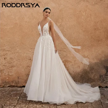 RODDRSYA бял тюл дълги сватбени рокли V-образно деколте 2024 Елегантни спагети презрамки булчински парти за жени без гръб Vestidos De Novia