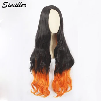 Similler Дамска синтетична дълга вълнообразна перука за Kamado Nezuko Cosplay костюм Аниме Demon Slayer перука черна & оранжева