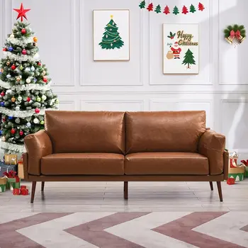 Vonanda Faux Leather Couch, Caramel Sofa, 3-местен диван с меки облачни възглавници, 72-инчов диван за трайни малки пространства, Compa