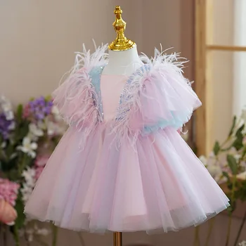 бебе момиче розова рокля елегантна принцеса рожден ден парти абитуриентски бал рокля къдри детска вечер луксозна рокля официални гала костюми