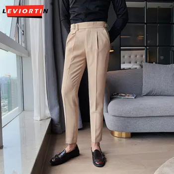 британски стил есен нов твърд панталон с висока талия мъжки дрехи прост тънък годни бизнес офис сватбен костюм панталони Hommes 36-29