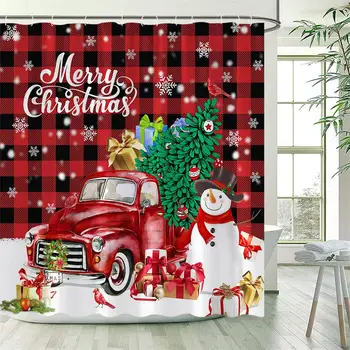 Весела Коледа душ завеса червен камион Коледа дърво снежен човек снежинка червено черно каре Нова година стена висящи плат баня декор
