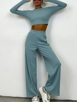 Дамски нов дълъг ръкав модерен случаен костюм плътен цвят дълъг ръкав кръг врата изрязване отгоре панталони с висока талия есенен костюм