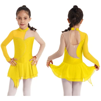 Детски момичета балет гимнастика трико пачка рокля фигурно пързаляне танц изпълнение костюм дълъг ръкав лъскав кристал танцово облекло