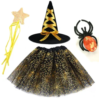Детски момичета жени Хелоуин паяжина паяжина паяжина пола вещица магьосник шапка пръстен магически пръчки костюм парти облекло карнавал костюм