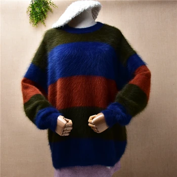 Женски жени есен зимно облекло цветни космати норка кашмир трикотажни O-образно деколте дълги ръкави хлабав пуловер пуловер пуловер издърпайте отгоре