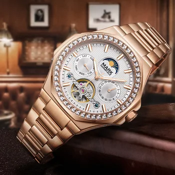 Луксозен мъжки часовник от розово злато Марки Mark Fairwhale Fashion Iced Diamond Phase Moon Watch Бизнес автоматичен механичен ръчен часовник
