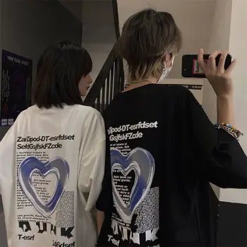 Лятна американска тениска с къс ръкав за мъже и жени Улична експлозия Ослепителен любовен печат Двойка Свободен и универсален връх