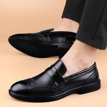 Моден блок дърворезба кожени обувки естествена кожа мокасини мъжки марка луксозни обувки мъжки плоски нехлъзгащи се шофиране обувка приплъзване обувка