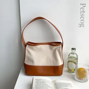 Модна тенденция Дамски чанти платно Pu кожа зашити рамо чанта голям капацитет случайни чанти подмишниците луксозни дизайнерски чанти