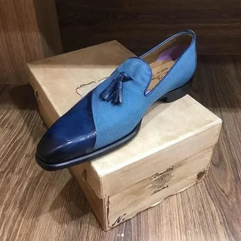 Мокасини за мъже черни сини пискюли мъжки обувки кръгли пръсти приплъзване ръчно изработени размер 38-48 мъжки обувки
