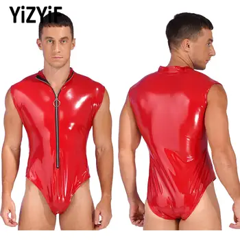 Мъжка мода цип PVC кожа бански боди клубно облекло стойка яка трико секси мъже лъскава лачена кожа котешки костюм
