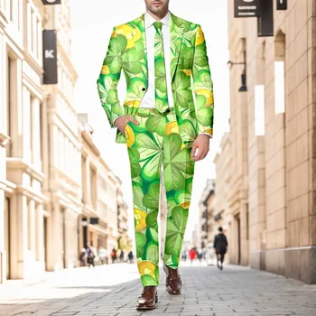 Мъжки костюм комплект Костюм-сако Ирландски-фестивал Детелина-Графичен Свети Патрик Ден Две части рокля-панталони Блейзъри Green terno masculino
