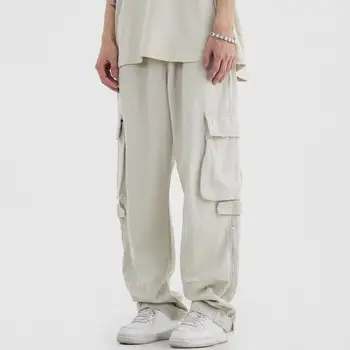 Мъжки прави панталони Streetwear Мъжки карго панталони хлабав годни мулти-джоб дизайн ластик стилен функционален панталон твърди
