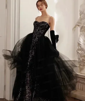 Очарователен черен пайет кристал сладък спагети каишка русалка абитуриентски рокля тюл изоставаше ръкавици сватба вечерни рокли 2023
