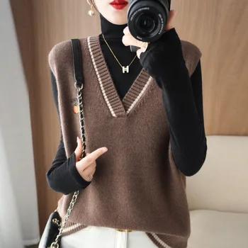 Пролет Есен Нов V-образно деколте на едро пуловер Дамска мода Случайни All-Match плетена жилетка