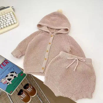 Реколта бебе момче момиче плетене облекло сгъстяване топло бебе качулка пуловер палто ластик малко дете Bloomers PP шорти
