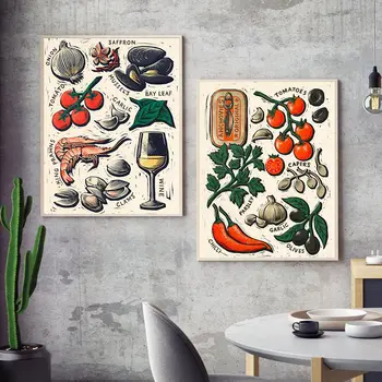 Реколта зеленчукови морски дарове вино консервирана риба плакати илюстрация изкуство платно живопис печат храна кухня декорация стена снимки