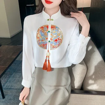 Сатен китайски стил дамска риза хлабав бродерия блузи мода облекло дълги ръкави пролет/лято жени върховете YCMYUNYAN