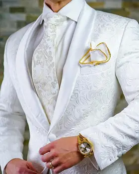 Сватбен блейзър мъжки костюми еднореден шал ревера бял жакард плат две части яке панталони елегантен младоженец костюм 2023