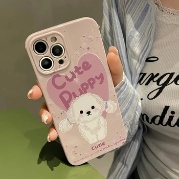 Сладко момиче кученце розово сърце телефон случай за iPhone 15 14 13 12 11 Pro Max Япония корейски стилен куче мек капак силиконова черупка подарък