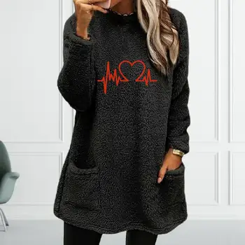 Топъл суитчър сърце печат дамски суитчър уютен стилен пуловер със средна дължина с джобове мек топъл хлабав прилепнал топ елегантен