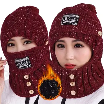 Трикотажни интегрирани капачка шал зимата топло удебеляване ухото защита капачка меки ветроупорен врата топло жени