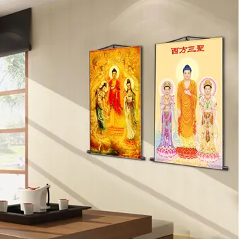 Трима светци Статуя на Западен Буда Висяща живопис Амитаба Буда Религиозен Фън Шуй Копринена живопис Домашно поклонение Превъртане на картини