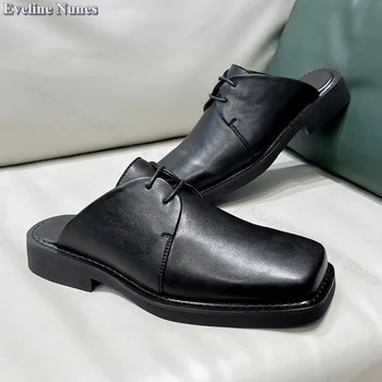 Черен квадратен пръст мъжки чехли приплъзване на меки кожени обувки британски стил дизайн за мъже ежедневни обувки размер 38-42 Zapatillas Mujer