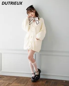японски стил сладък масово произвеждан лък перла дълга жилетка трикотаж есен зима нов дълъг ръкав еднореден пуловер с v-образно деколте