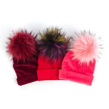 Candy Color Faux Raccoon Fur Pompom Beanies Soft Newborn Baby Hat Thick Flannel Girls Boys Warm Cap