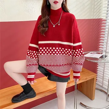 DAYIFUN Есен Зима Половин високо деколте пуловери червена ивица кариран дизайн плетени пуловери 2023 Нови пуловери с дълъг ръкав Tops