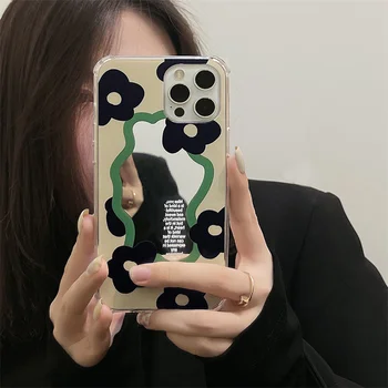 INS Корея сладък черно цвете грим огледало телефон случай за iPhone 15 14 13 12 11 Pro Max 15 14 плюс телефон защита задния капак